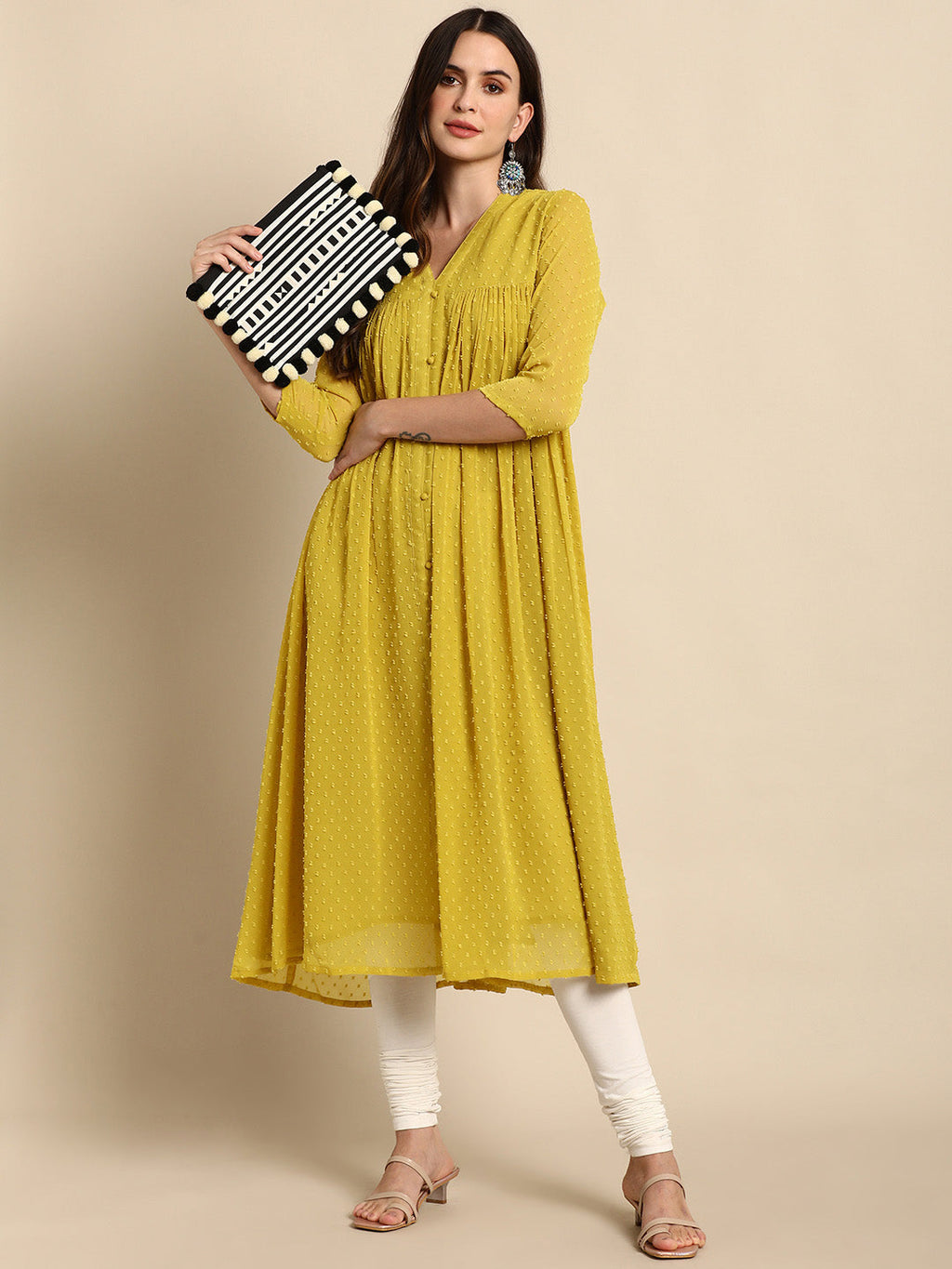 Janasya Mustard Poly Chiffon Self Design Frontslit Kurta - Distacart