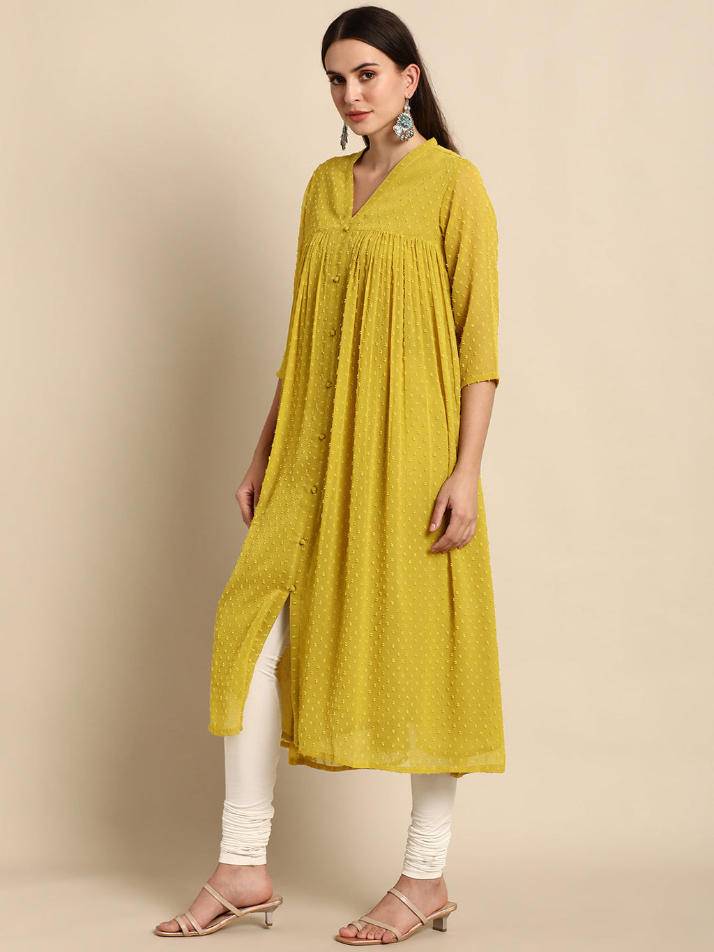 Janasya Mustard Poly Chiffon Self Design Frontslit Kurta - Distacart