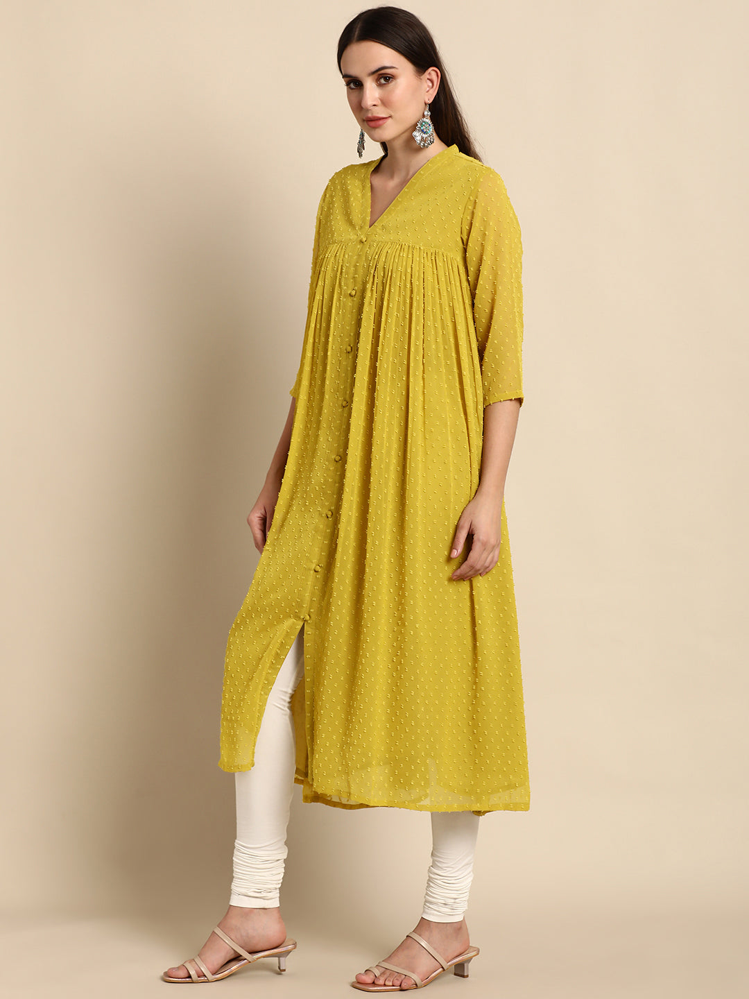 Janasya Mustard Poly Chiffon Self Design Frontslit Kurta - Distacart