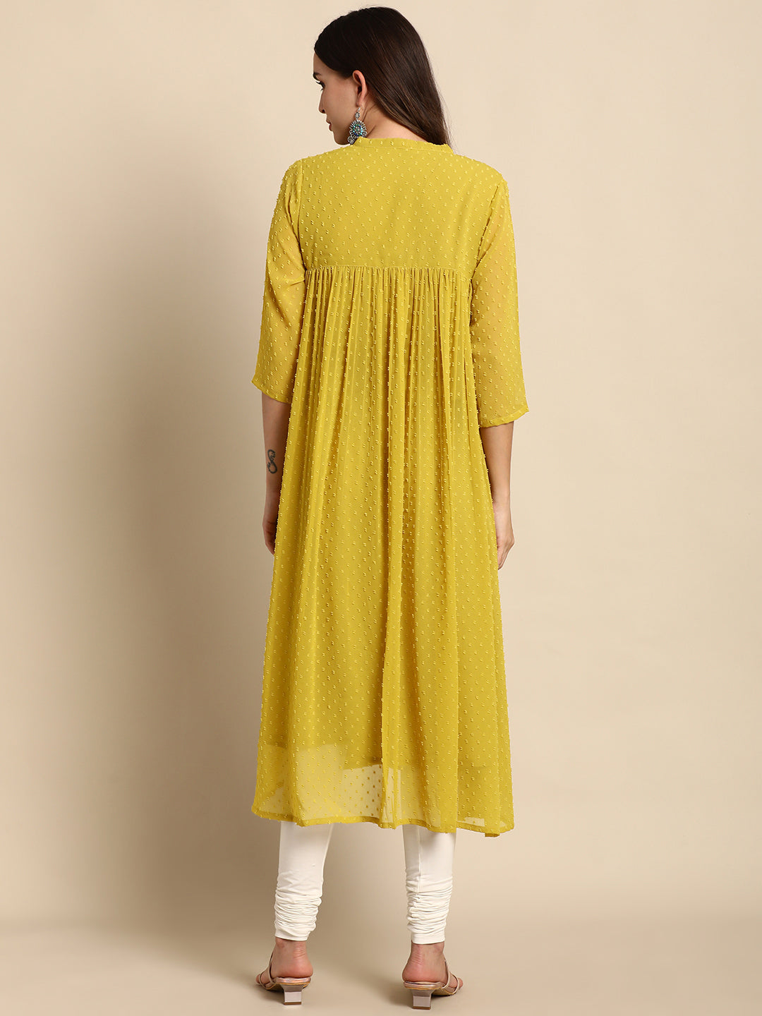 Janasya Mustard Poly Chiffon Self Design Frontslit Kurta - Distacart