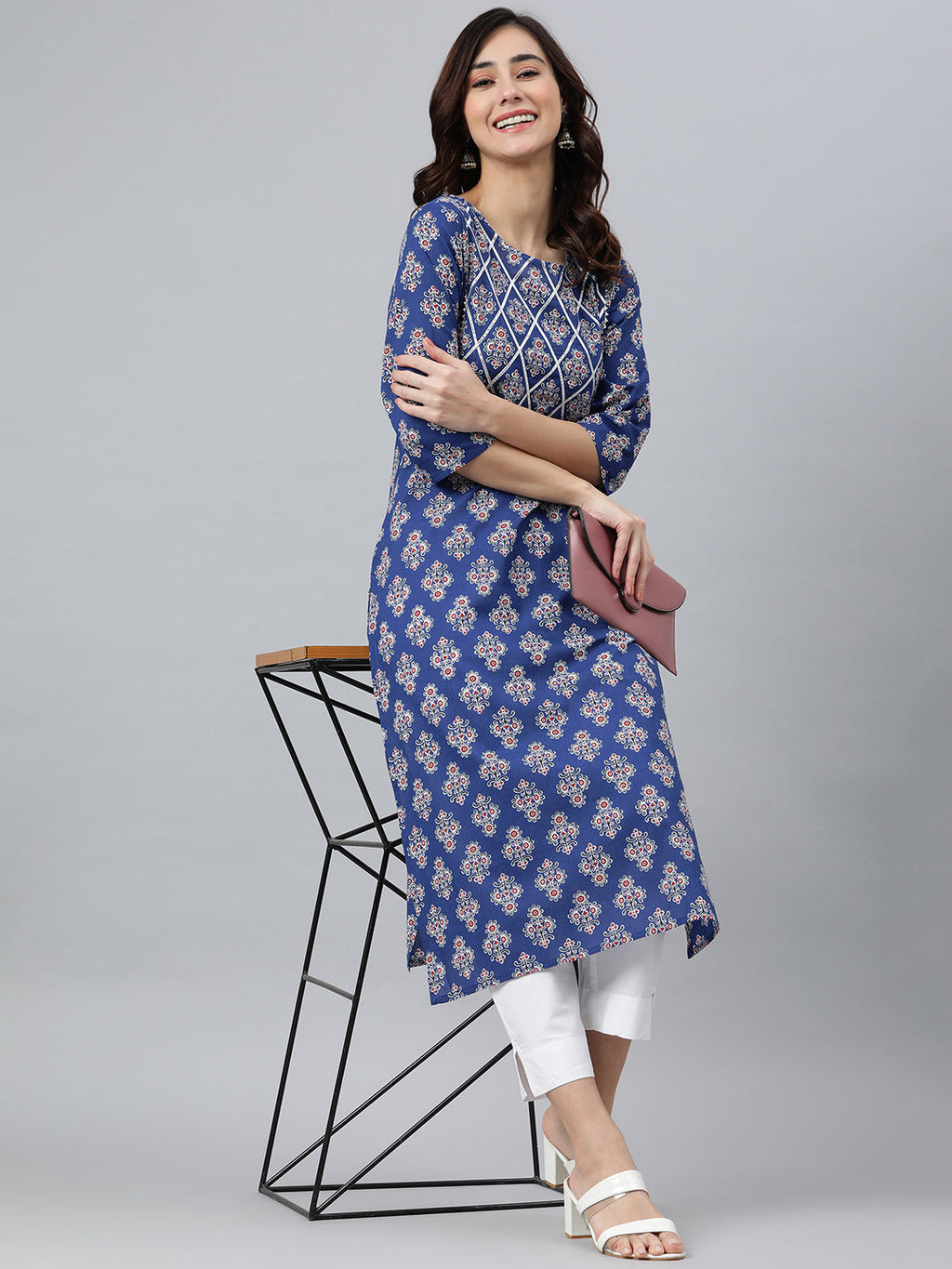 Indian Clothing Janasya Women's Blue Cotton Floral Printed Casual Straight kurta