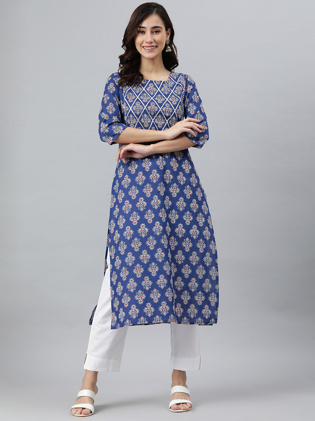 Indian Clothing Janasya Women's Blue Cotton Floral Printed Casual Straight kurta
