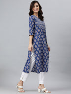 Indian Clothing Janasya Women's Blue Cotton Floral Printed Casual Straight kurta