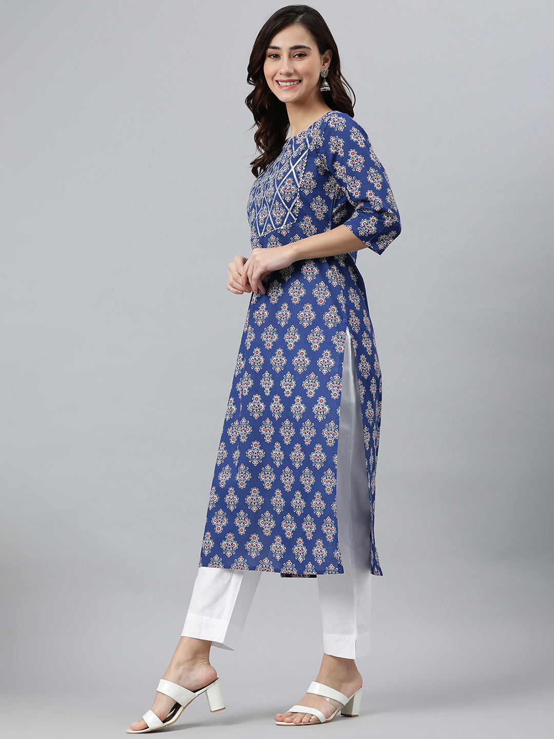 Indian Clothing Janasya Women's Blue Cotton Floral Printed Casual Straight kurta