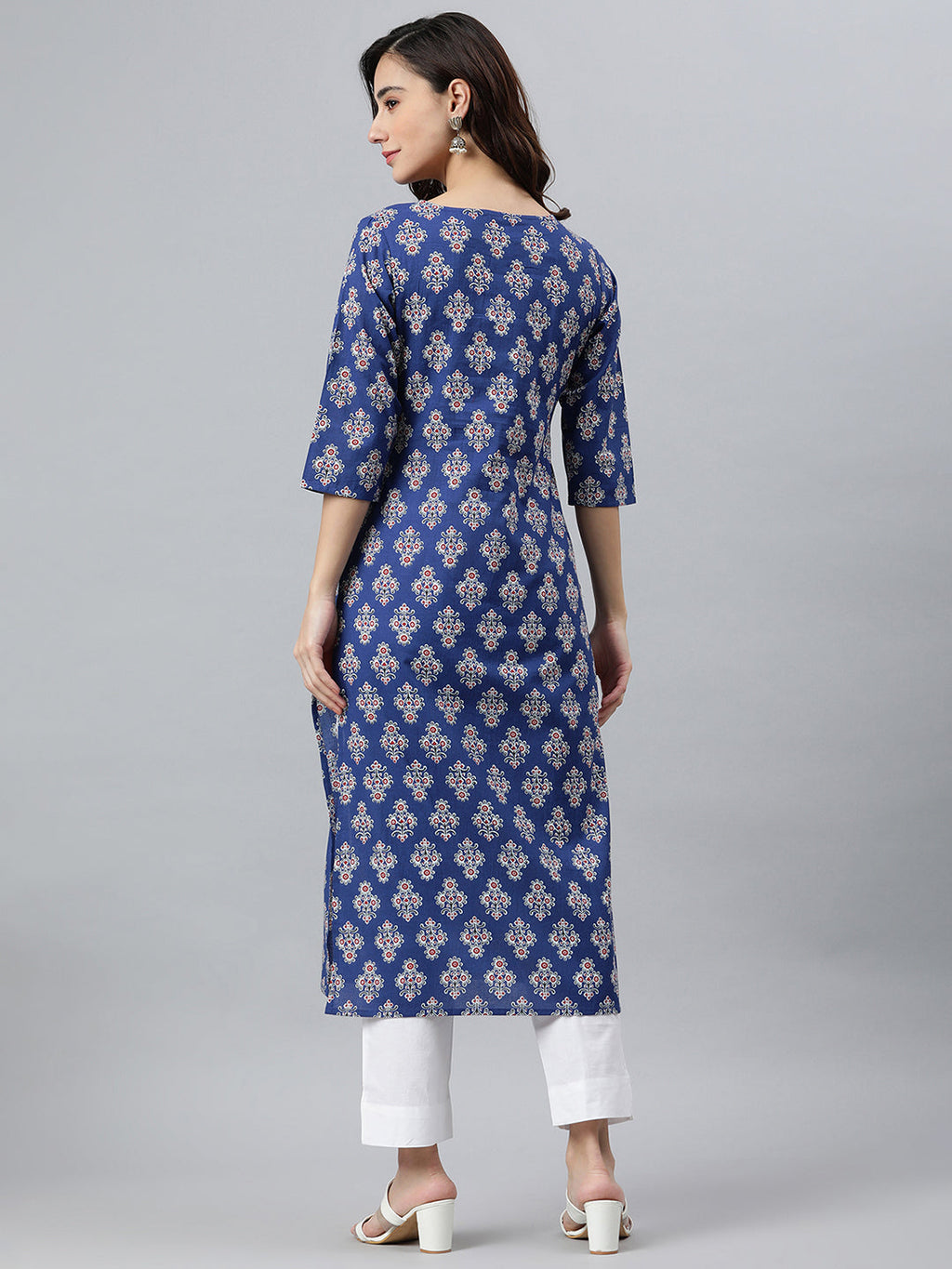 Indian Clothing Janasya Women's Blue Cotton Floral Printed Casual Straight kurta