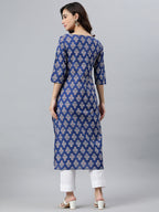 Indian Clothing Janasya Women's Blue Cotton Floral Printed Casual Straight kurta