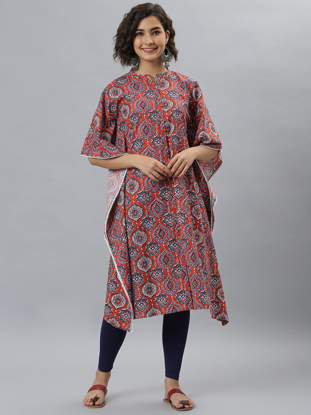 Janasya Women's Orange Cotton Floral Print Casual Kaftan Kurta