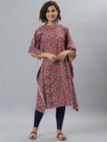 Janasya Women's Orange Cotton Floral Print Casual Kaftan Kurta