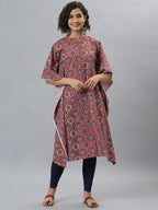 Janasya Women's Orange Cotton Floral Print Casual Kaftan Kurta