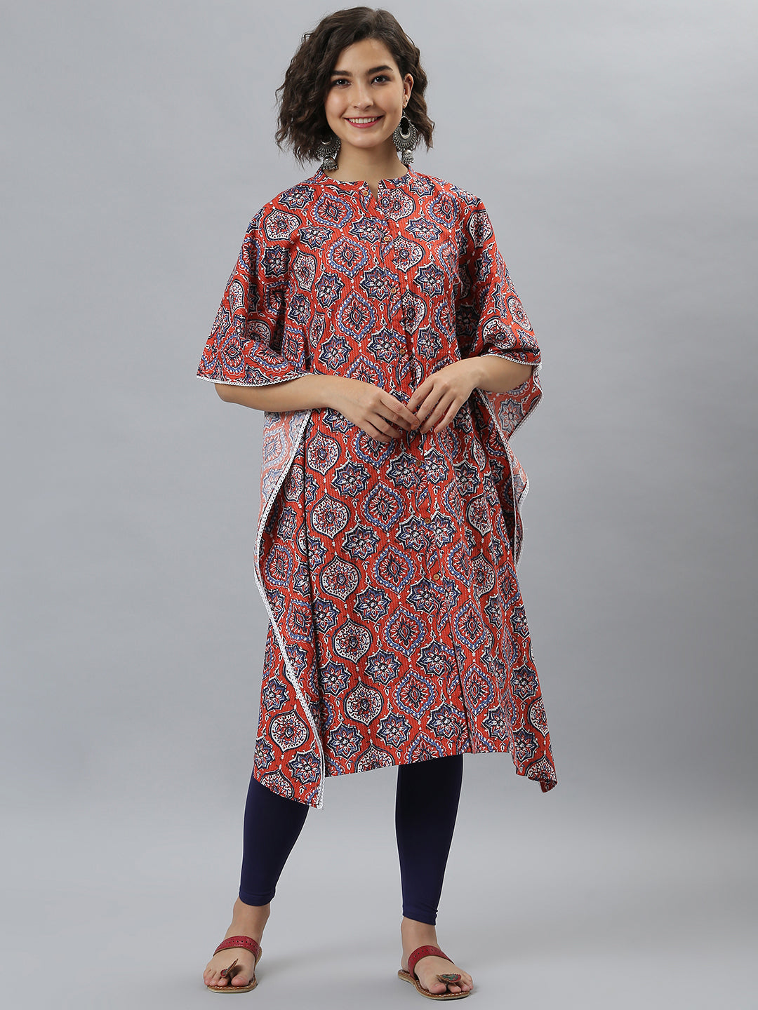 Janasya Women's Orange Cotton Floral Print Casual Kaftan Kurta
