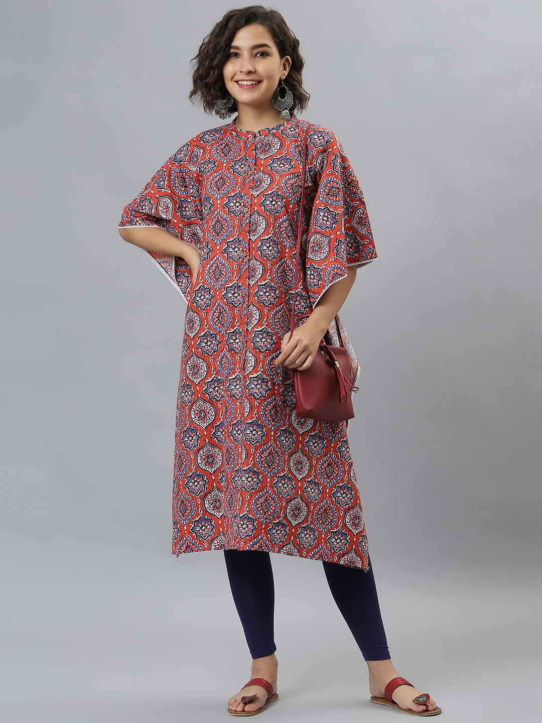 Janasya Women's Orange Cotton Floral Print Casual Kaftan Kurta