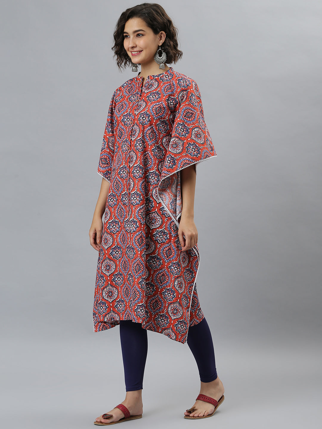 Janasya Women's Orange Cotton Floral Print Casual Kaftan Kurta