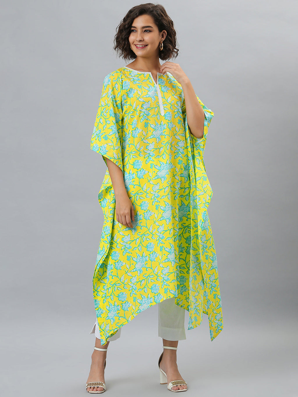 Janasya Women's Yellow Cotton Floral Print Casual Kaftan Kurta