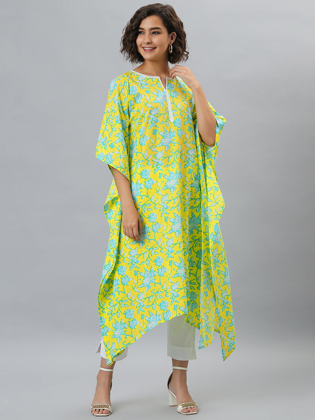 Janasya Women's Yellow Cotton Floral Print Casual Kaftan Kurta