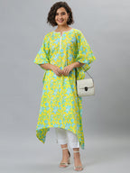 Janasya Women's Yellow Cotton Floral Print Casual Kaftan Kurta