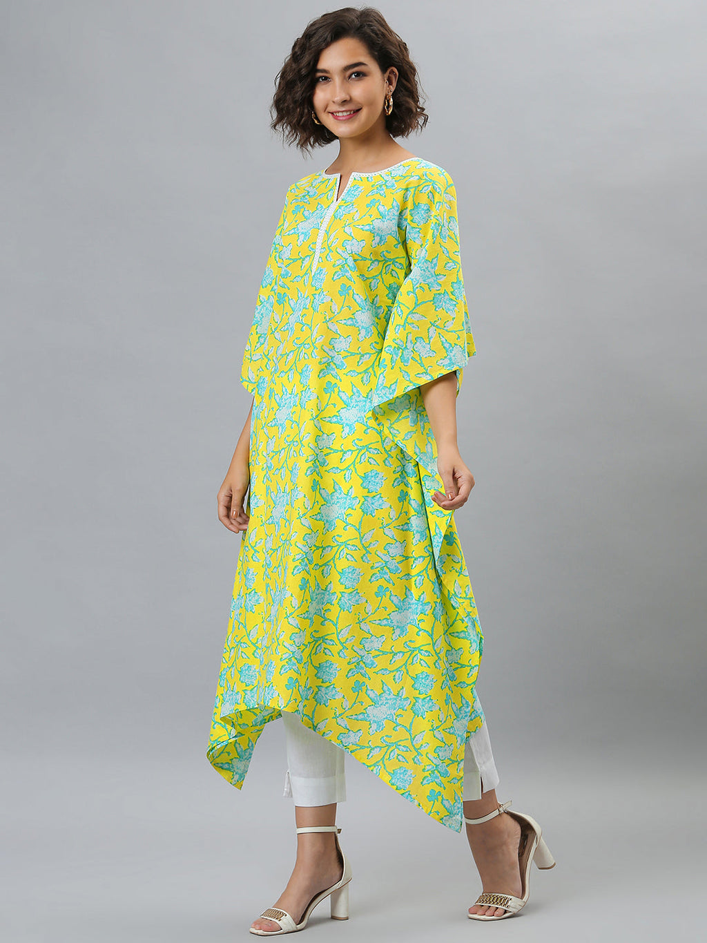 Janasya Women's Yellow Cotton Floral Print Casual Kaftan Kurta