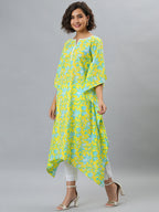 Janasya Women's Yellow Cotton Floral Print Casual Kaftan Kurta