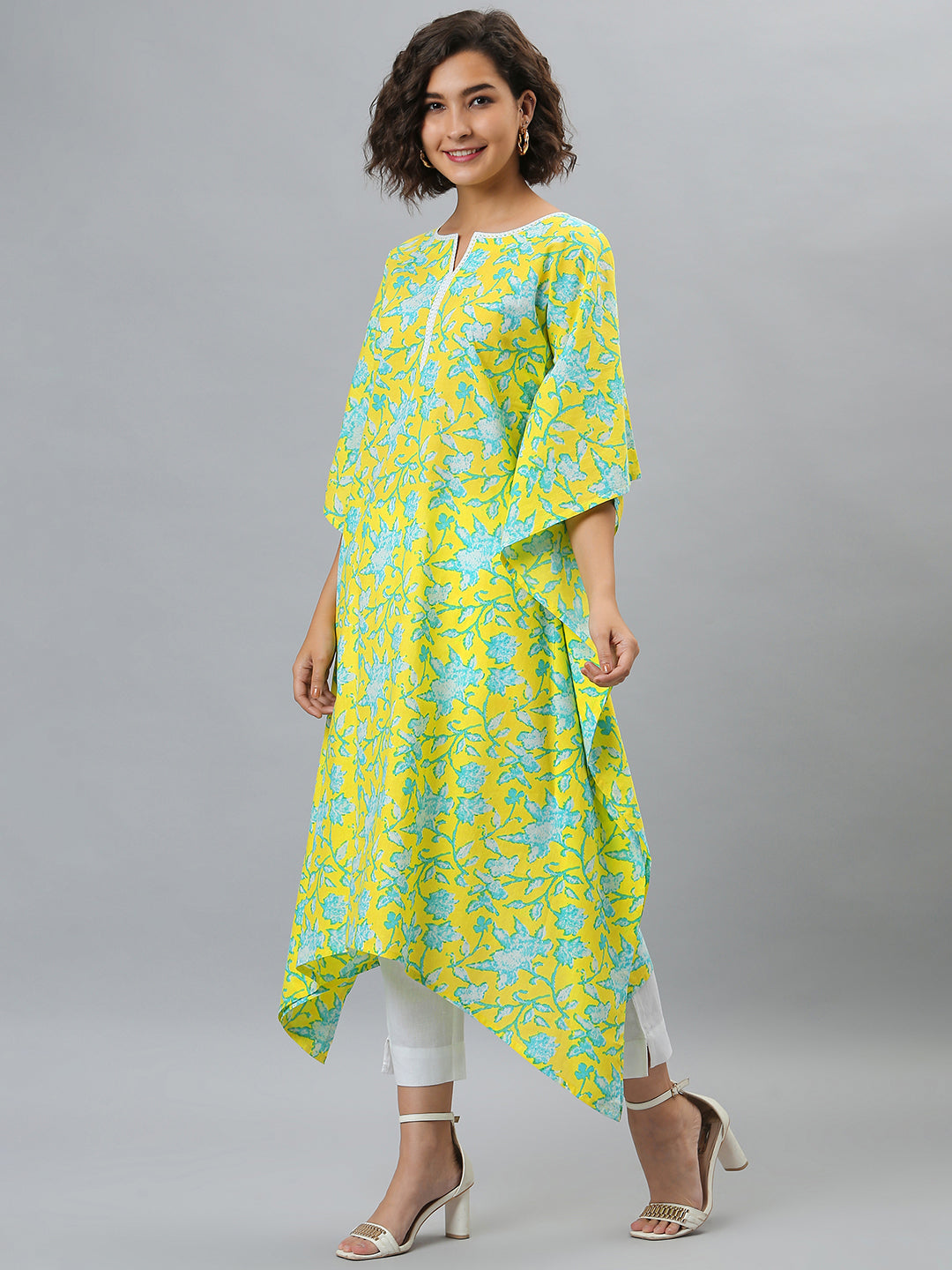 Janasya Women's Yellow Cotton Floral Print Casual Kaftan Kurta