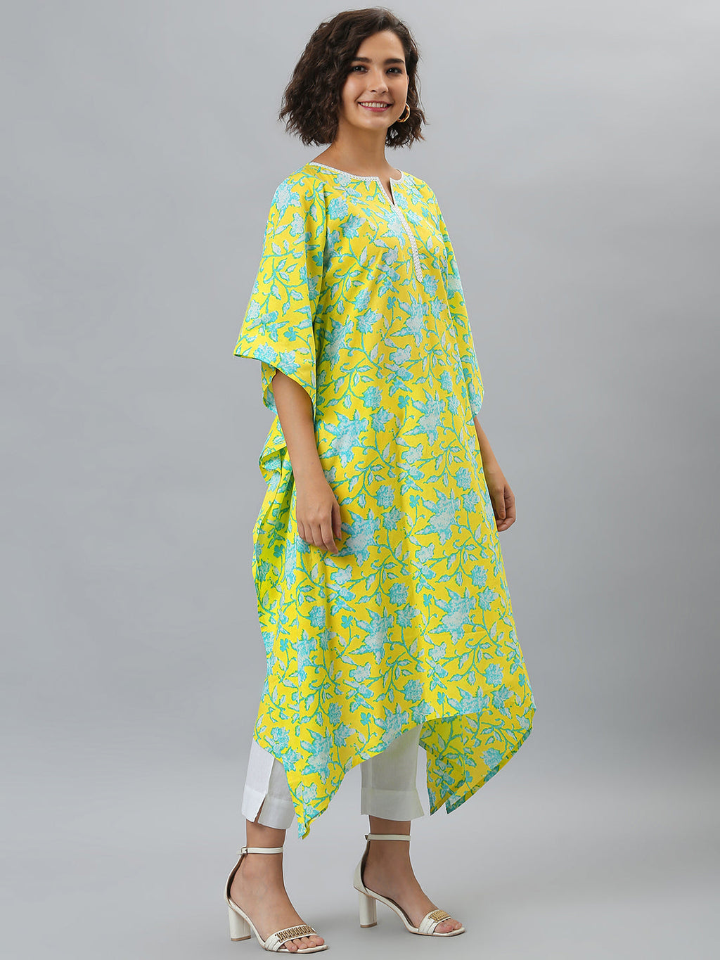 Janasya Women's Yellow Cotton Floral Print Casual Kaftan Kurta