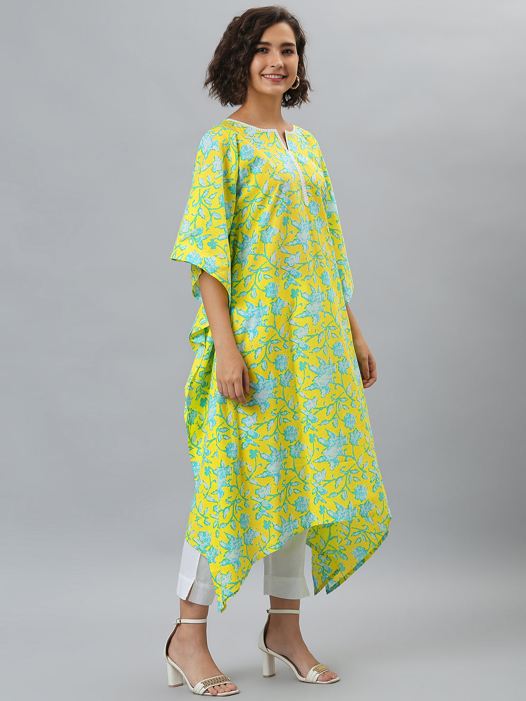 Janasya Women's Yellow Cotton Floral Print Casual Kaftan Kurta