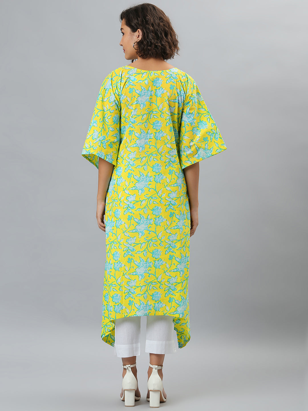 Janasya Women's Yellow Cotton Floral Print Casual Kaftan Kurta