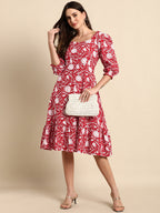Janasya Women's Red Cotton Floral Printed A-line Western Dress - Distacart