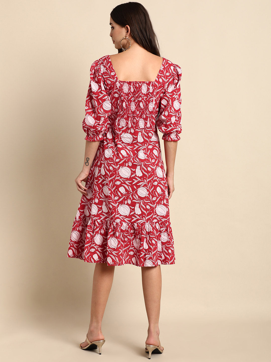 Janasya Women's Red Cotton Floral Printed A-line Western Dress - Distacart