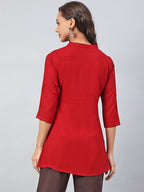 Janasya Women's Maroon Rayon Slub Embroidered A-Line Tunic - Distacart