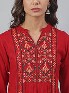Janasya Women's Maroon Rayon Slub Embroidered A-Line Tunic - Distacart