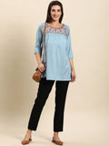 Janasya Women's Light Blue Rayon Slub Embroidered Regular Tunic - Distacart