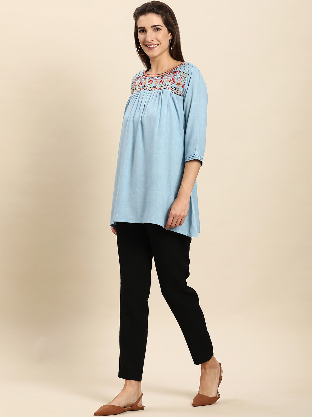 Janasya Women's Light Blue Rayon Slub Embroidered Regular Tunic - Distacart