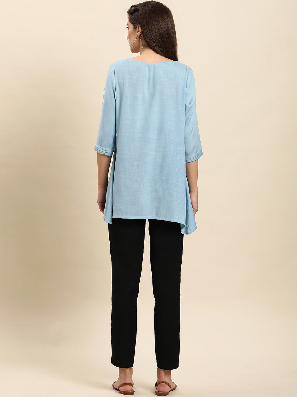 Janasya Women's Light Blue Rayon Slub Embroidered Regular Tunic - Distacart