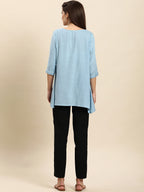 Janasya Women's Light Blue Rayon Slub Embroidered Regular Tunic - Distacart