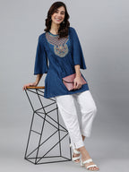 Janasya Women's Blue Rayon Slub Embroidered Regular Tunic - Distacart