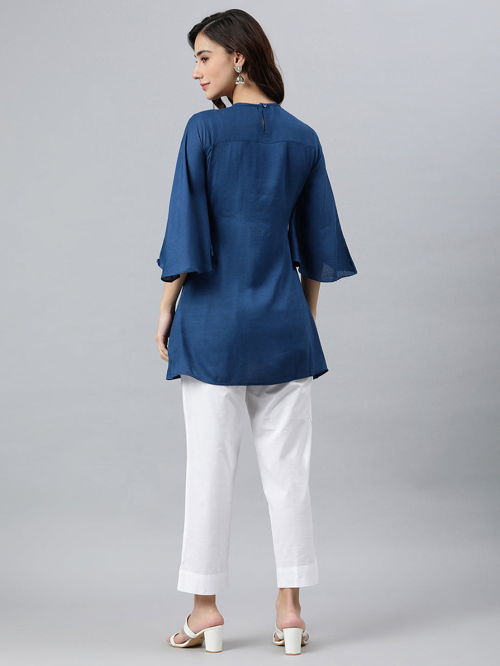 Janasya Women's Blue Rayon Slub Embroidered Regular Tunic - Distacart