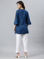 Janasya Women's Blue Rayon Slub Embroidered Regular Tunic - Distacart