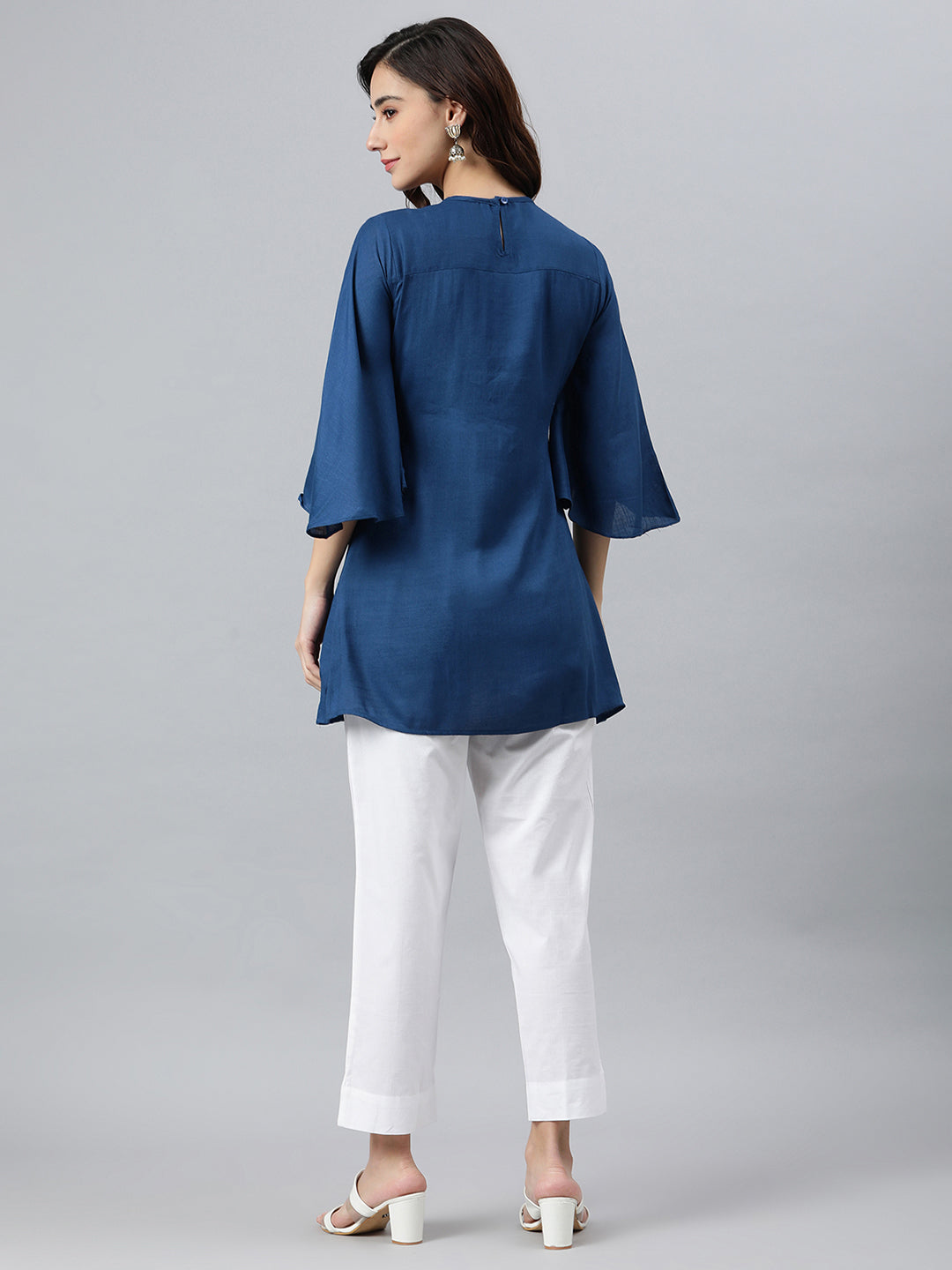 Janasya Women's Blue Rayon Slub Embroidered Regular Tunic - Distacart