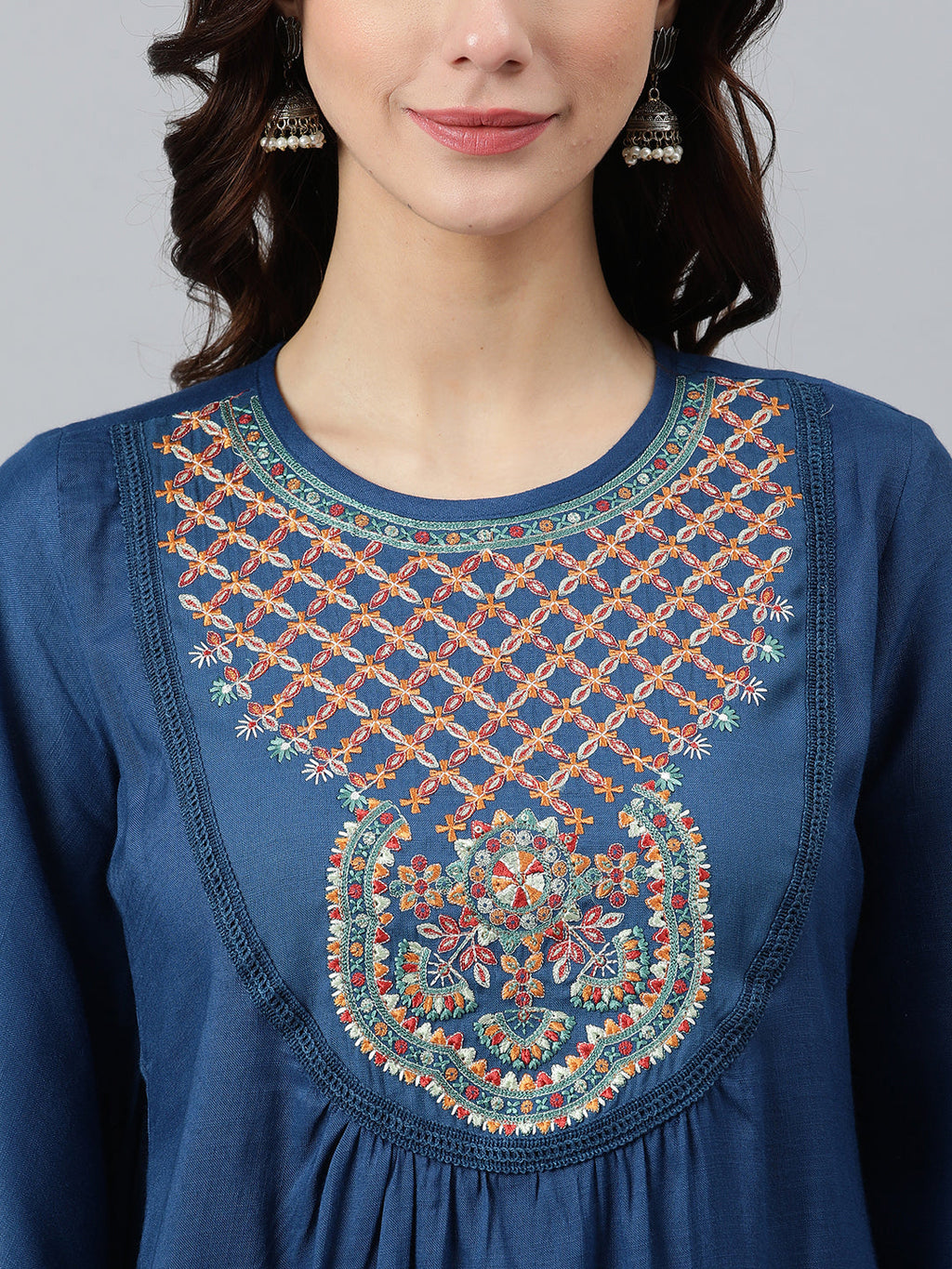 Janasya Women's Blue Rayon Slub Embroidered Regular Tunic - Distacart