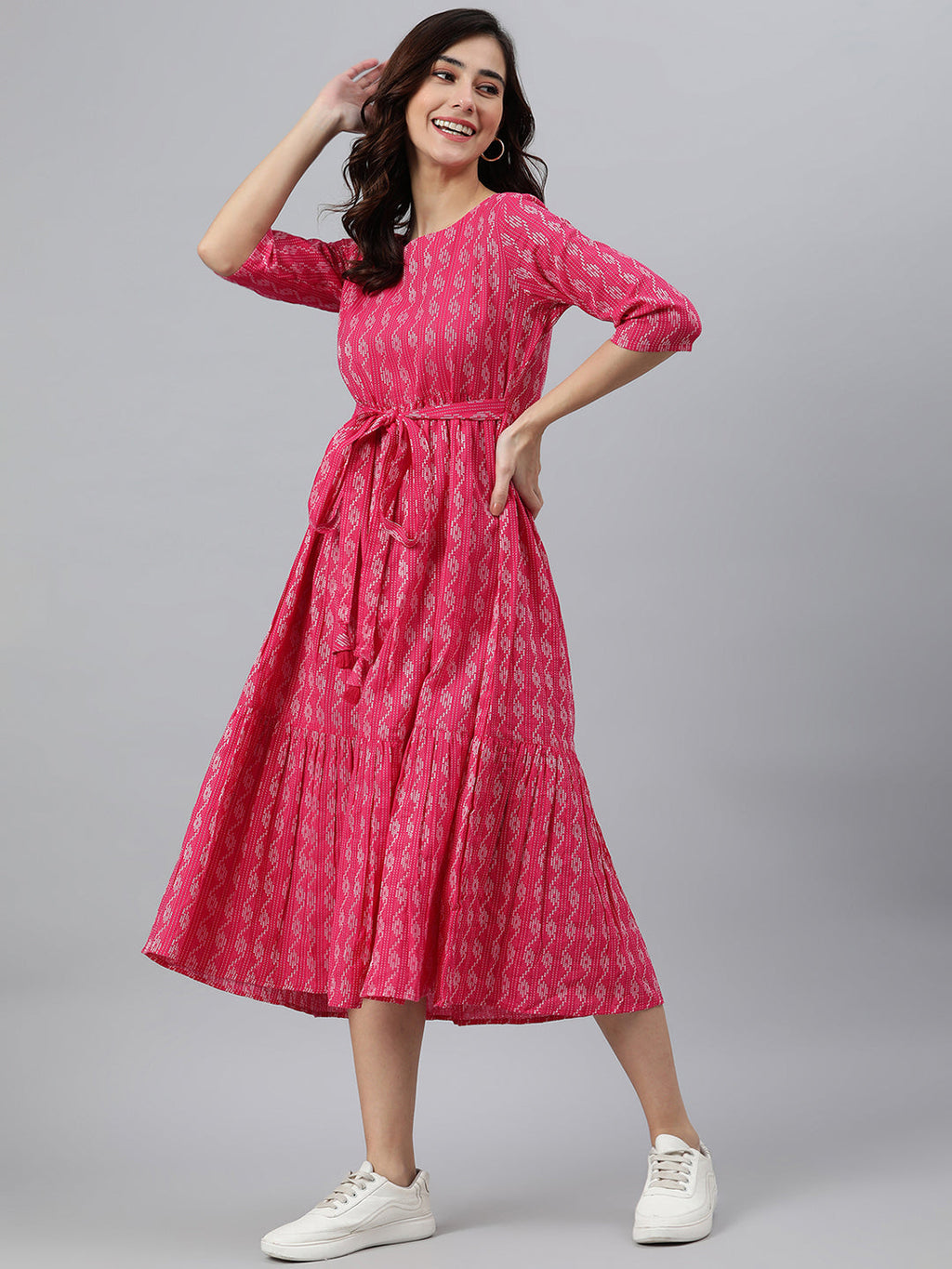 Janasya Women's Pink Cotton Woven Design Tiered Western Dress - Distacart