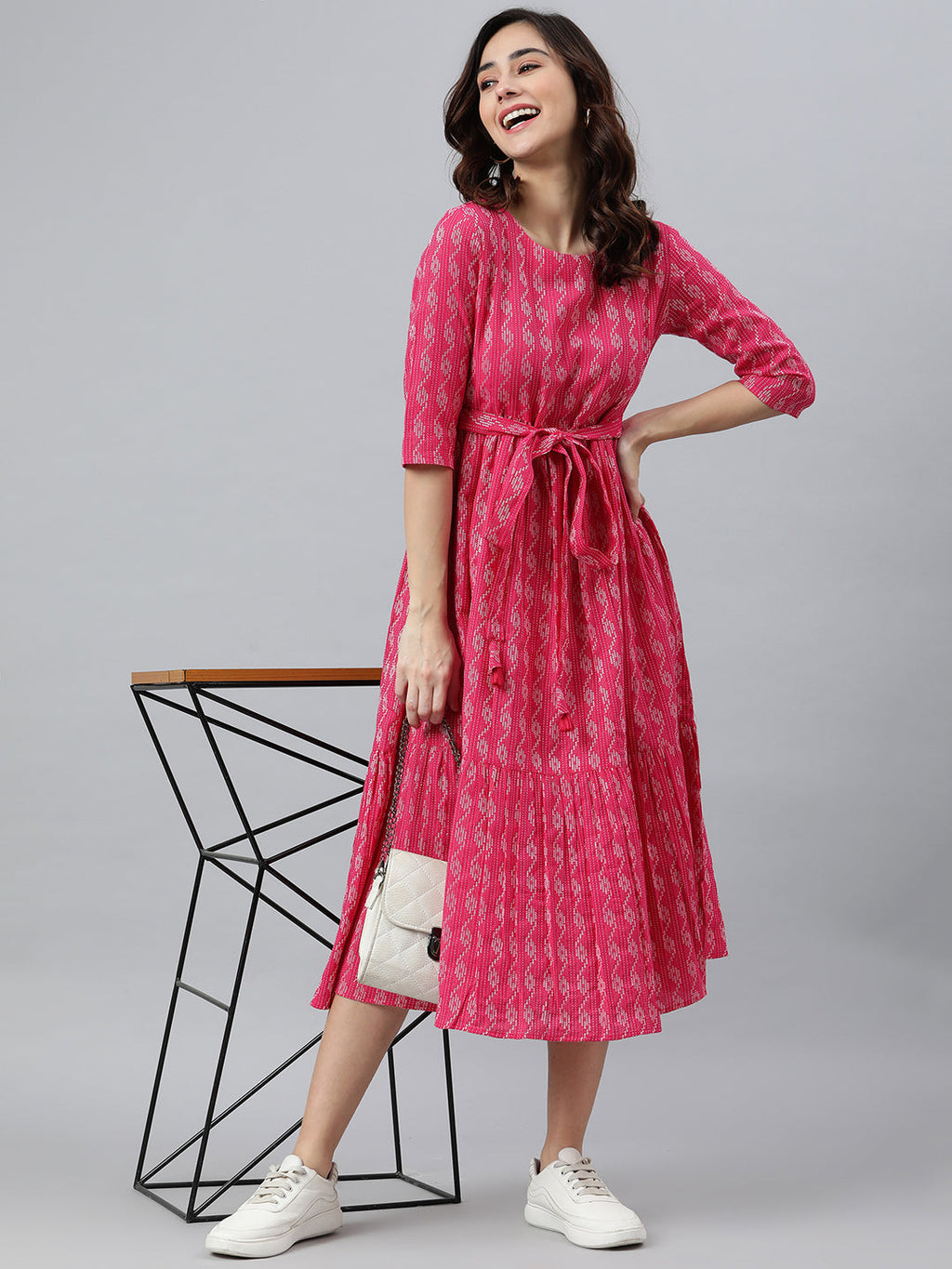 Janasya Women's Pink Cotton Woven Design Tiered Western Dress - Distacart