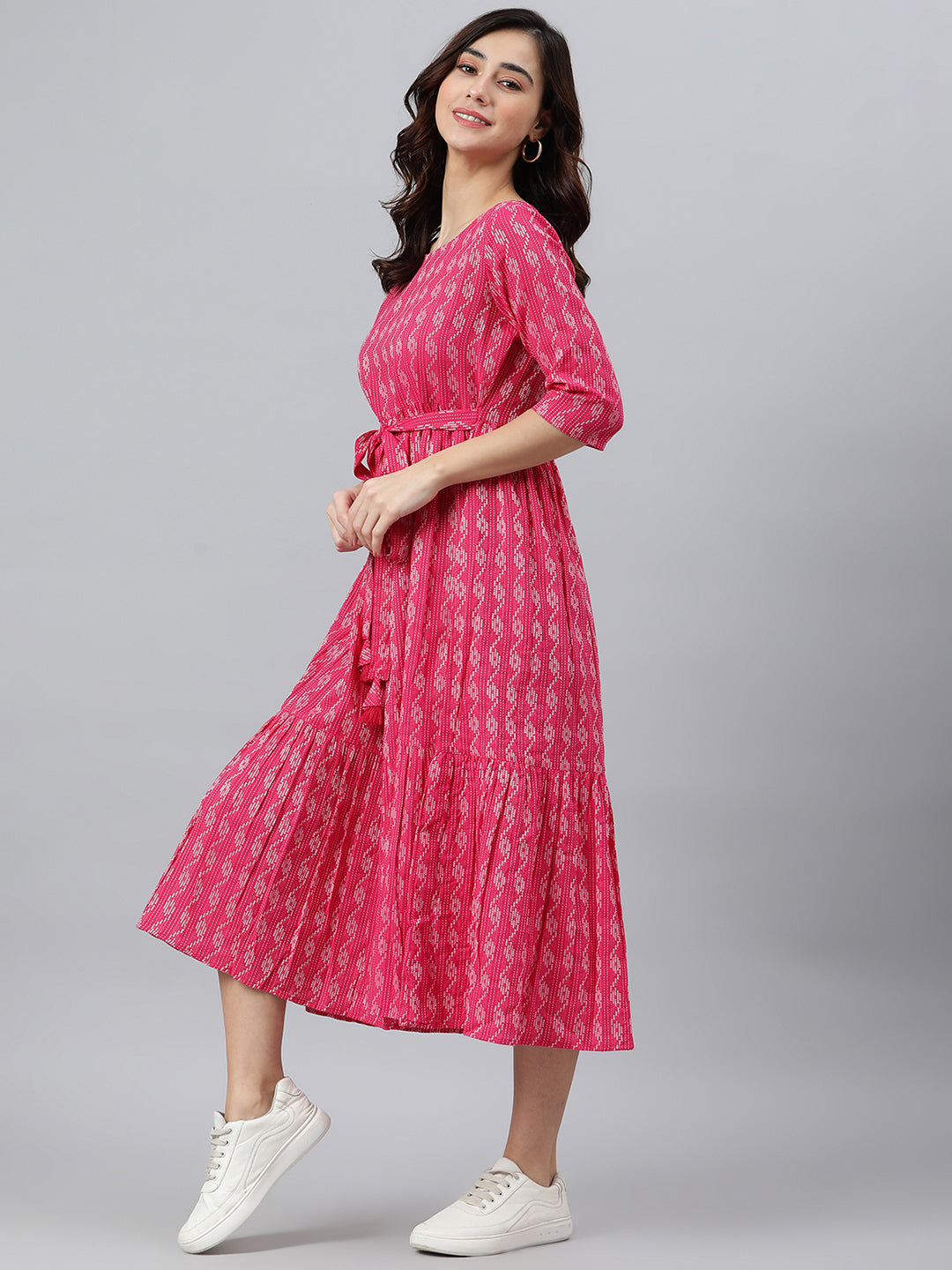 Janasya Women's Pink Cotton Woven Design Tiered Western Dress - Distacart