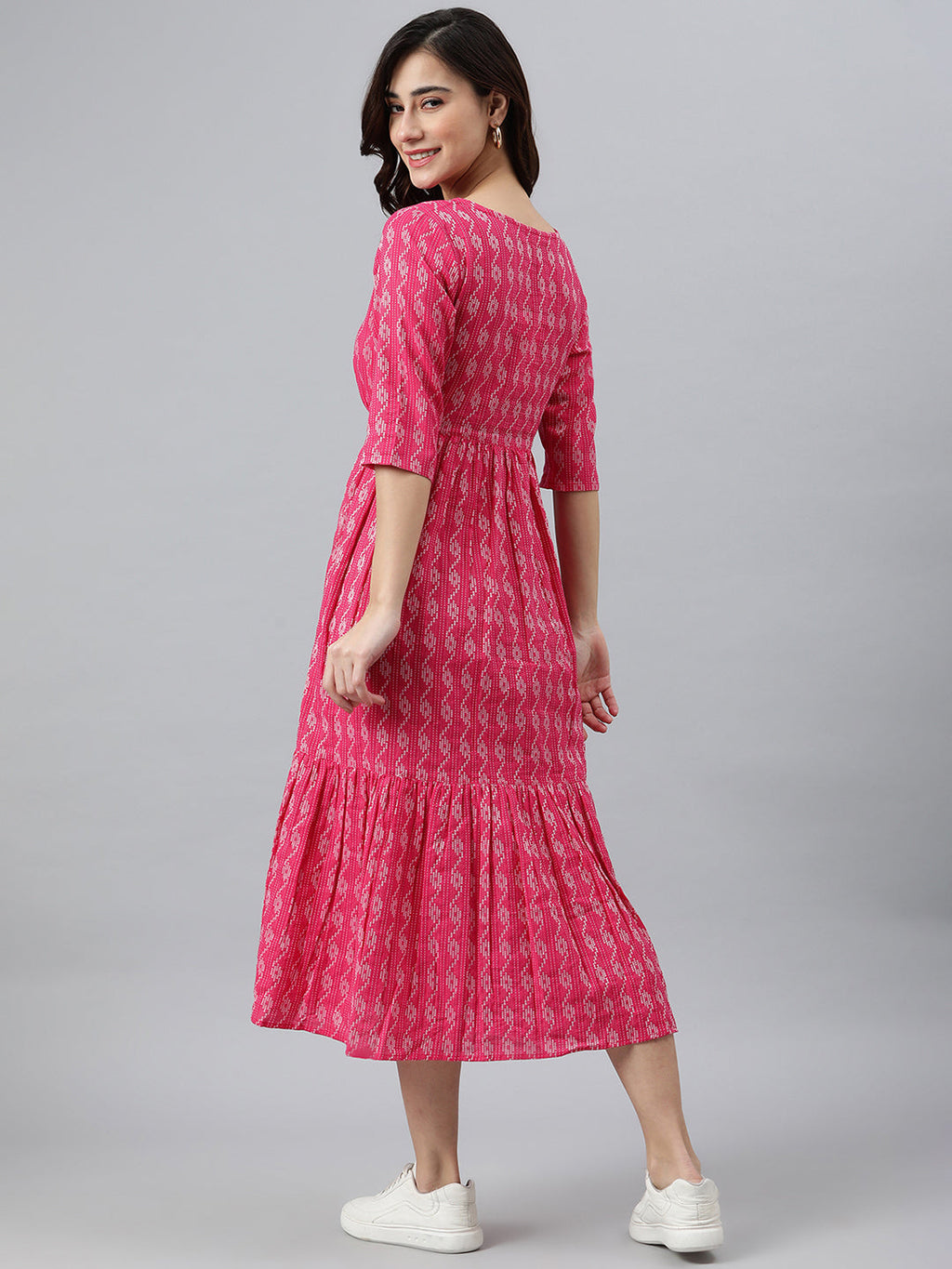 Janasya Women's Pink Cotton Woven Design Tiered Western Dress - Distacart