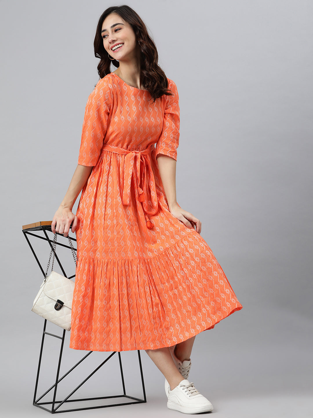 Janasya Women's Orange Cotton Woven Design Tiered Western Dress - Distacart