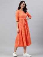Janasya Women's Orange Cotton Woven Design Tiered Western Dress - Distacart