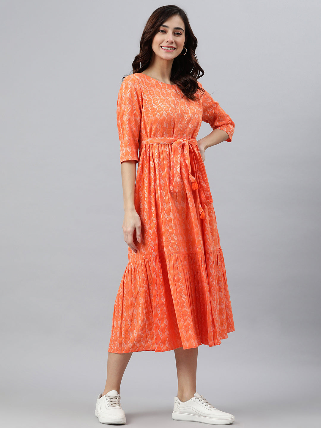 Janasya Women's Orange Cotton Woven Design Tiered Western Dress - Distacart