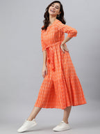 Janasya Women's Orange Cotton Woven Design Tiered Western Dress - Distacart