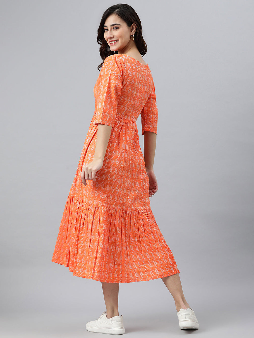 Janasya Women's Orange Cotton Woven Design Tiered Western Dress - Distacart
