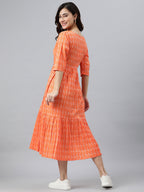 Janasya Women's Orange Cotton Woven Design Tiered Western Dress - Distacart