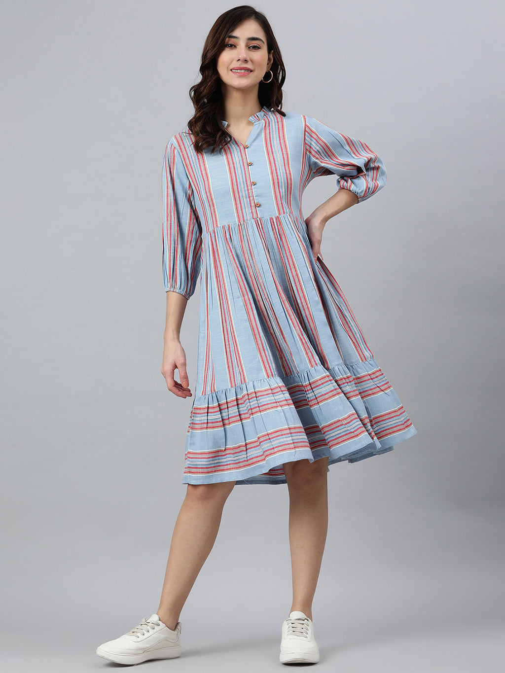Janasya Women's Sky Blue Cotton Blend Striped Flared Western Dress - Distacart