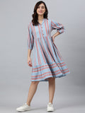 Janasya Women's Sky Blue Cotton Blend Striped Flared Western Dress - Distacart